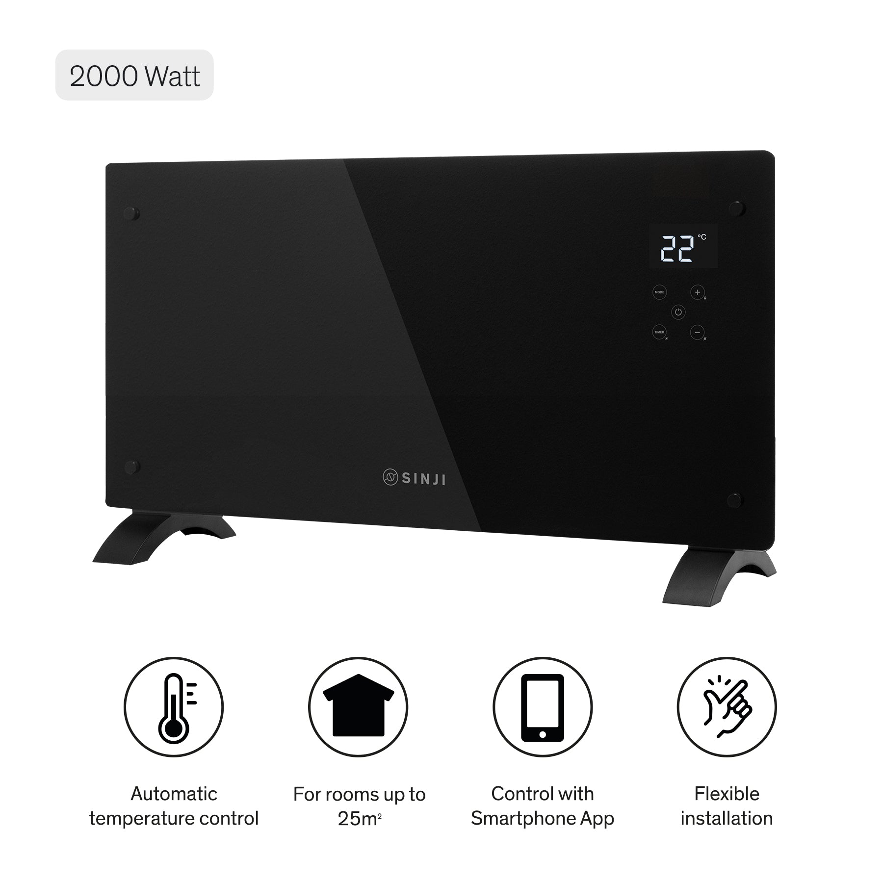 Sinji Smart Glass Panel Heater 1500w Black
